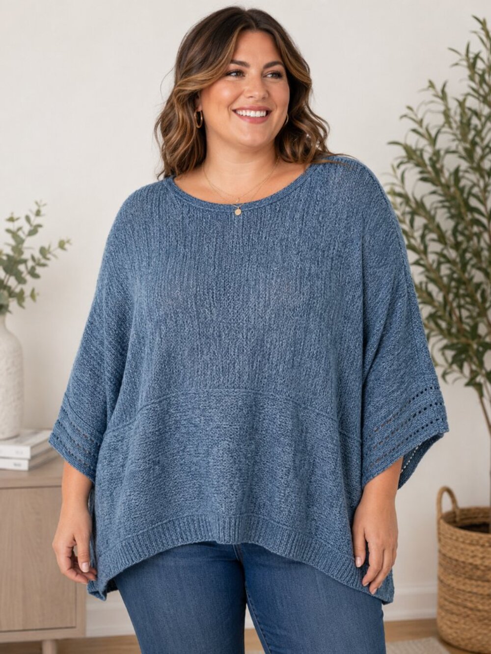 Pure Jill Indigo XLP Blue Marled Knit Sweater 3/4 Dolman Sleeves Cuff Detail